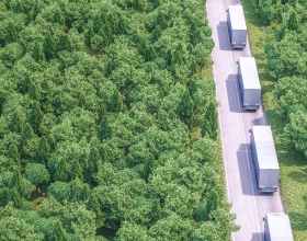 卡车组成的车队在公路上主要通过一个绿色的森林。